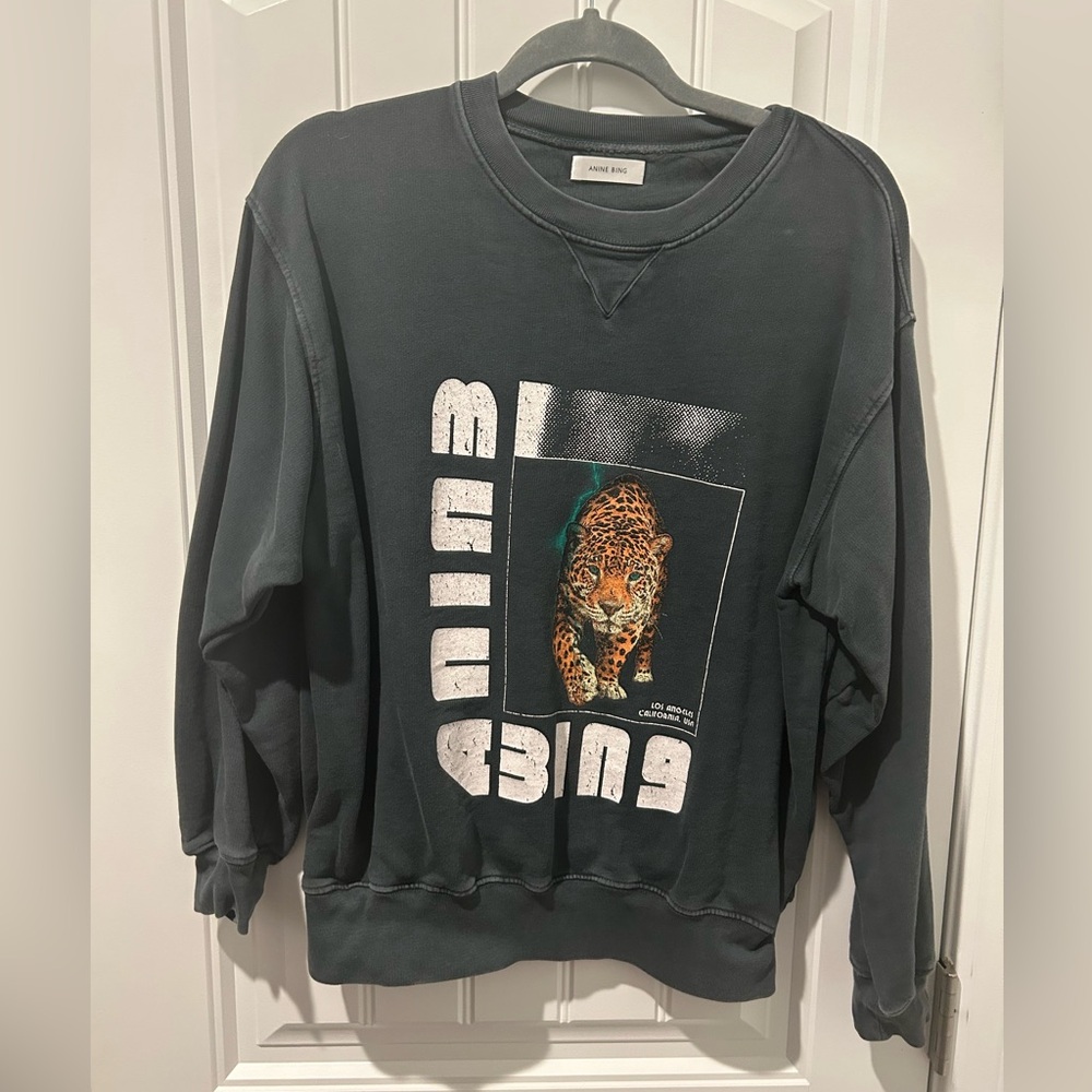 Anine Bing washed black leopard sweatshirt M Medium, GUC